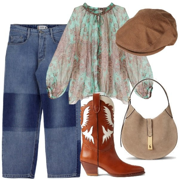 Outfit donna - Cow girl. Stile Boho per Tutti i giorni. Abbinamento con cappelli, jeans dritti, camicie, stivaletti texani, borse a spalla.