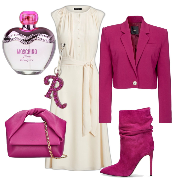 Outfit donna - Serata pink. Stile Chic per Serata fuori. Abbinamento con profumi, blazer, vestiti, stivaletti, orecchini, borse a mano.