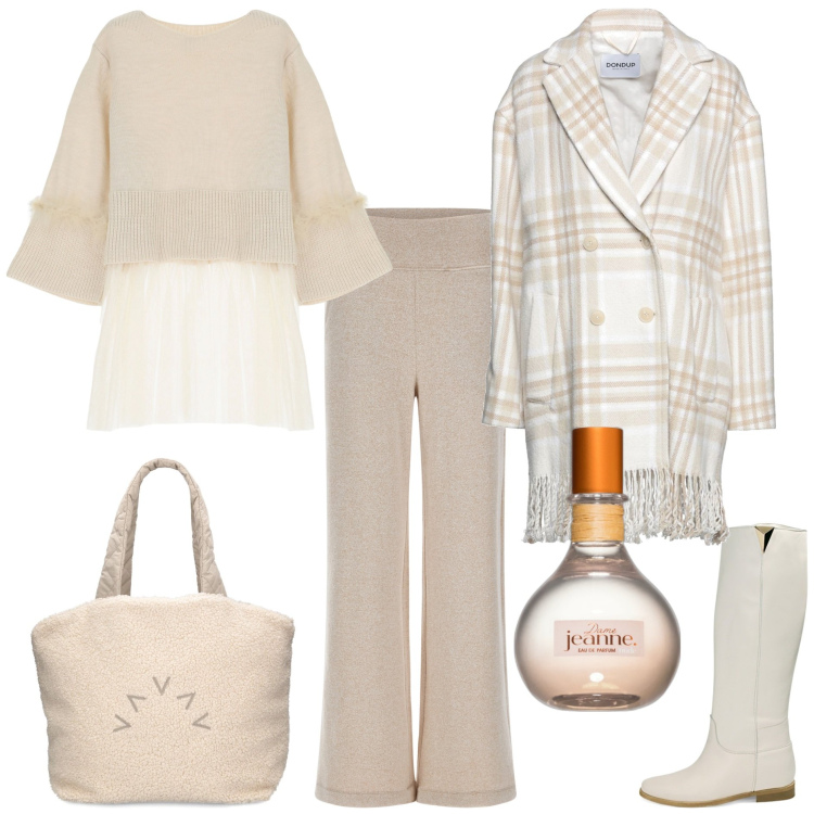 Outfit donna - Dame Jeanne. Stile Trendy per Tutti i giorni. Abbinamento con cappotti, profumi, pantaloni, maglieria, stivali, shopping bag.