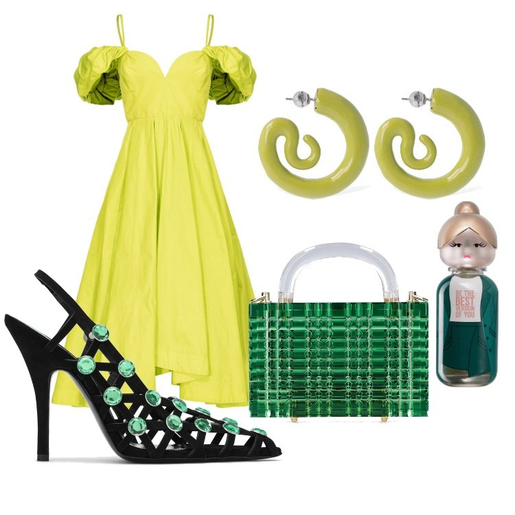 Outfit donna - Pantone Autunno inverno 2024. Stile Chic per Serata fuori. Abbinamento con profumi, vestiti midi/longuette, orecchini, borse a mano, décolleté.