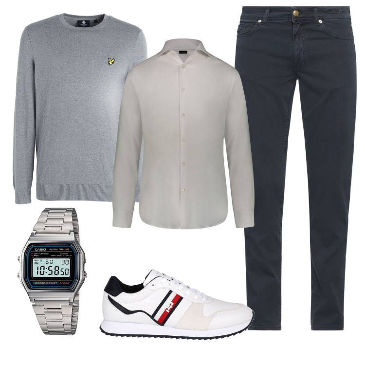 Outfit uomo - Sfumature di grigio. Stile Casual per Serata speciale. Abbinamento con camicie, sneakers, pantaloni, pullovers, orologi digitali.