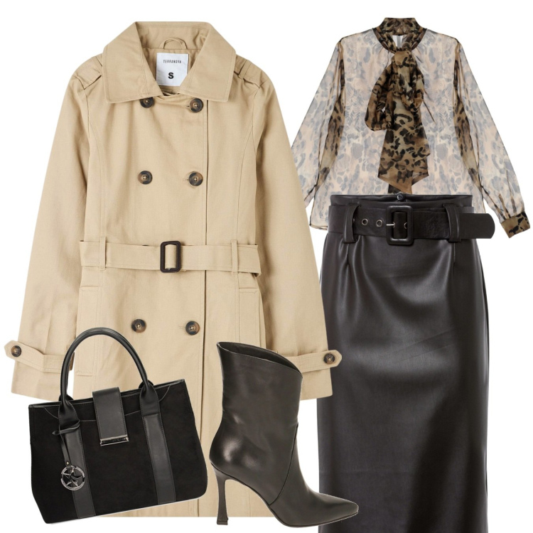 Outfit donna - Total look #1821268. Abbinamento con gonne longuette, trench, camicie, borse a mano, stivaletti.