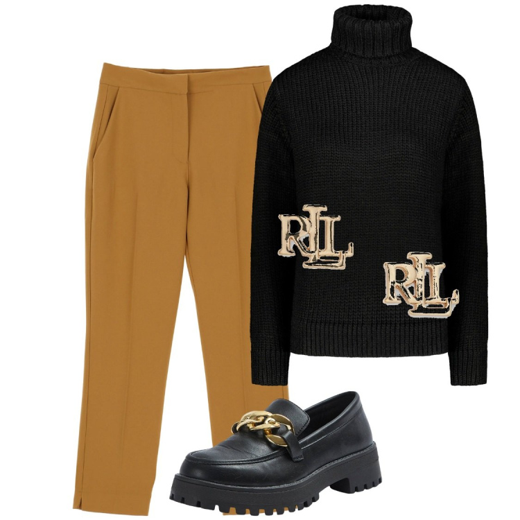 Outfit donna - RLL. Abbinamento con mocassini, pantaloni, orecchini, maglieria.