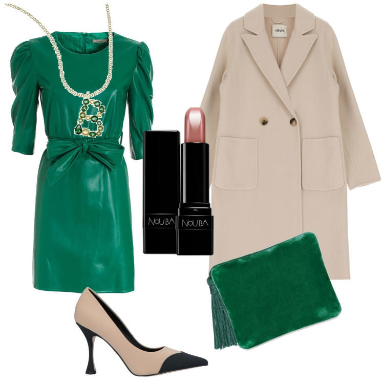 Outfit donna - Cerimonia di marzo. Stile Bon Ton per Cerimonia. Abbinamento con décolleté, collane, rossetti, vestiti, cappotti, pochette.