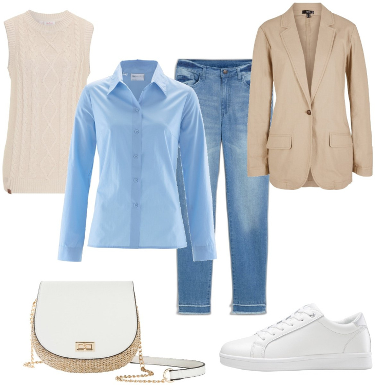 Outfit donna - Total look #1821292. Stile Sporty chic per Tutti i giorni. Abbinamento con jeans, sneakers, borse a tracolla, camicie, gilet, blazer.