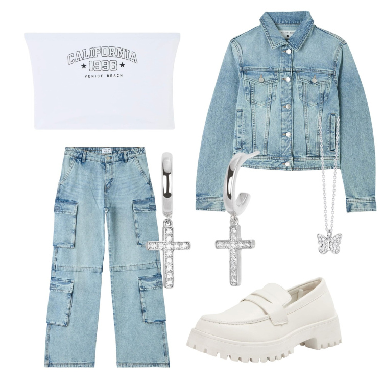 Outfit donna - Aeshtetic. Stile Casual per Tutti i giorni. Abbinamento con top, mocassini, blazer, jeans, collane, orecchini.