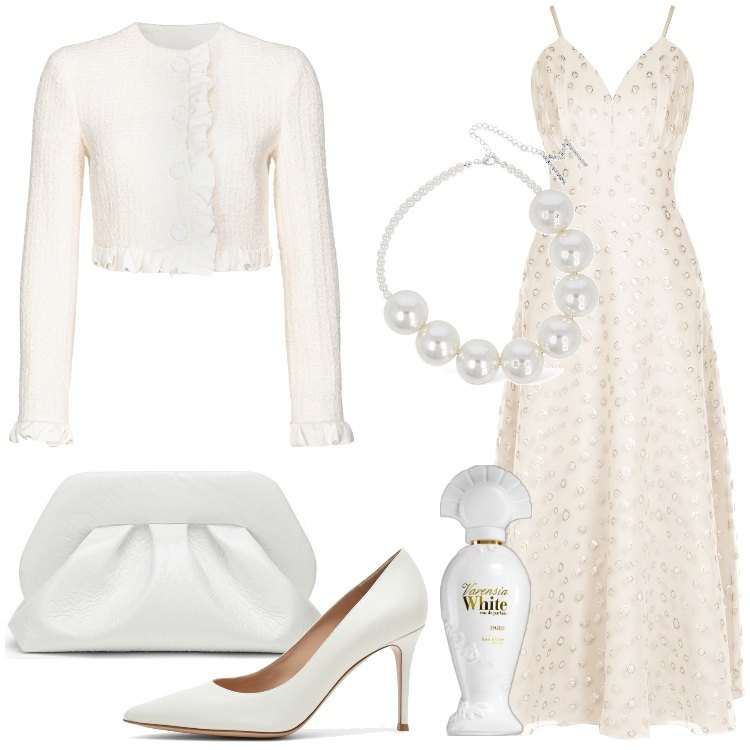 Outfit donna - Glamour Total White. Stile Glamour per Cerimonia. Abbinamento con profumi, blazer, vestiti lunghi, décolleté, clutch, collane.