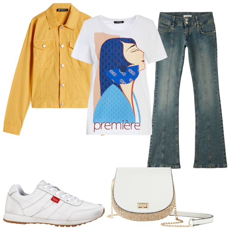 Outfit donna - In giallo sole e jeans. Stile Casual per Tutti i giorni. Abbinamento con sneakers, borse a tracolla, jeans a zampa, t-shirt, blazer.