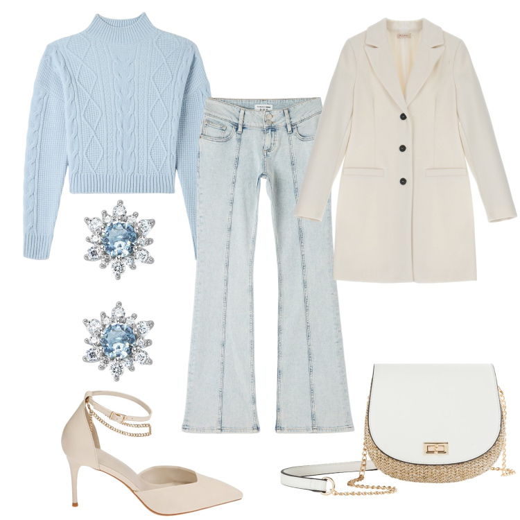 Outfit donna - Jeans e décolleté. Stile Sporty chic per Tutti i giorni. Abbinamento con borse a tracolla, maglieria, jeans a zampa, orecchini, cappotti, décolleté.