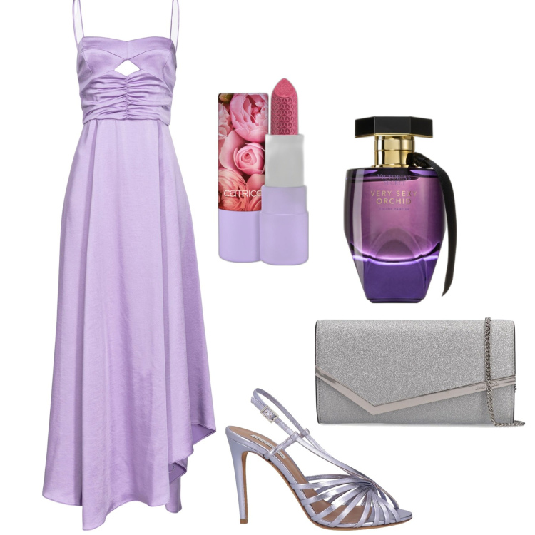 Outfit donna - Matrimonio in lilla e argento. Stile Chic per Cerimonia. Abbinamento con sandali in pelle, profumi, rossetti, vestiti lunghi, pochette.
