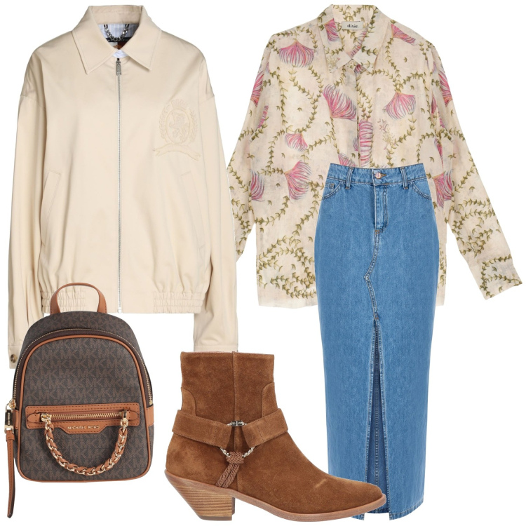 Outfit donna - Primavera in arrivo. Stile Casual chic per Tutti i giorni. Abbinamento con zaini, stivaletti texani, blazer, gonne lunghe, camicie.