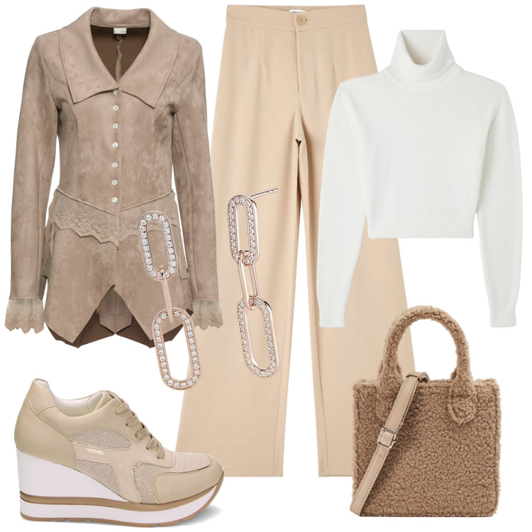 Outfit donna - Giacca scamosciata. Stile Casual chic per Tutti i giorni. Abbinamento con blazer, pantaloni, maglieria, shopping bag, orecchini, sneakers.