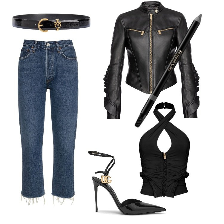 Outfit donna - Total look #1821392. Stile Rock per Serata fuori. Abbinamento con eyeliner, giacche, cinture, top, décolleté, jeans slim fit.