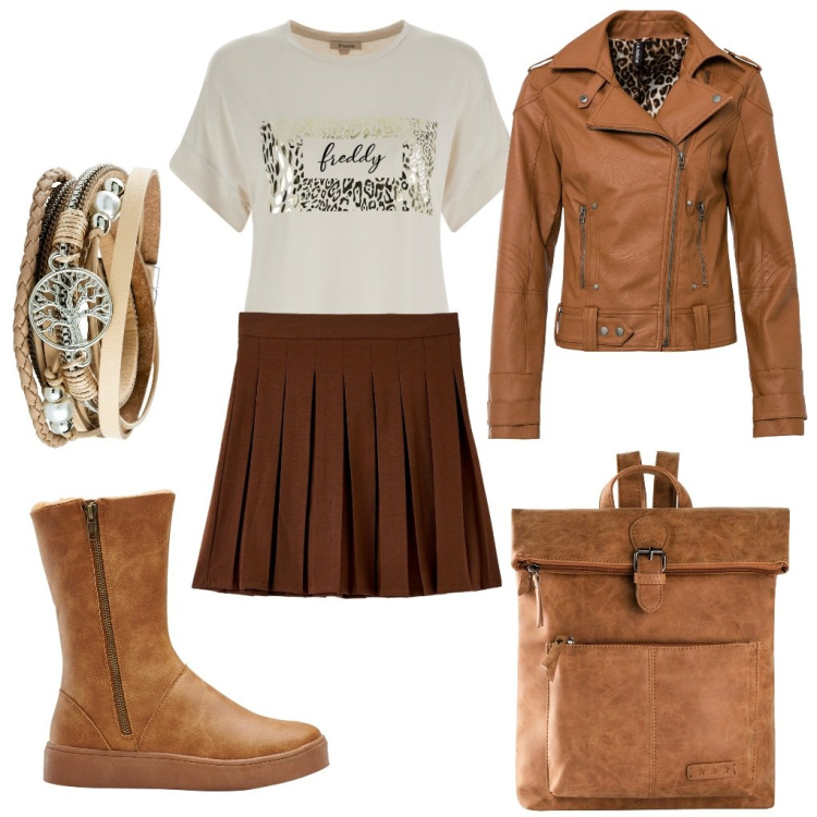 Outfit donna - Cinzia: università in pelle. Stile Trendy per Scuola/Università. Abbinamento con braccialetti, zaini, stivali, cappotti, minigonne, t-shirt.