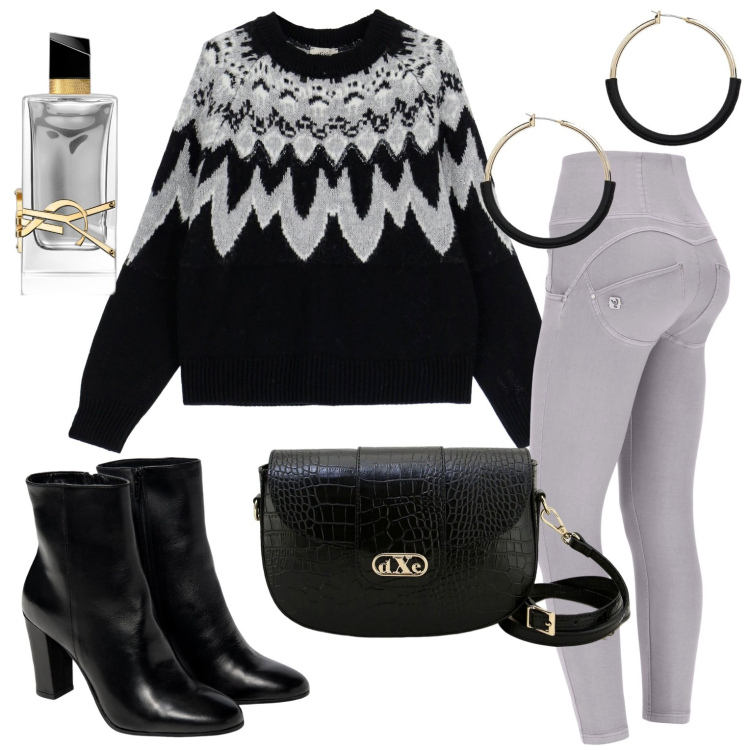 Outfit donna - Woman story. Stile Casual per Tutti i giorni. Abbinamento con profumi, maglieria, pochette, pantaloni skinny, orecchini, stivaletti.