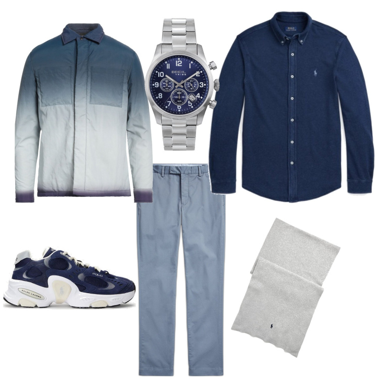 Outfit uomo - Sporty chic. Stile Trendy per Tutti i giorni. Abbinamento con giacche, orologi, camicie, sneakers, pantaloni chino, sciarpe.