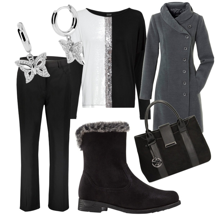 Outfit donna - Total look #1821438. Stile Casual per Tutti i giorni. Abbinamento con cappotti, maglieria, stivali sopra il ginocchio, orecchini, borse a mano, pantaloni.