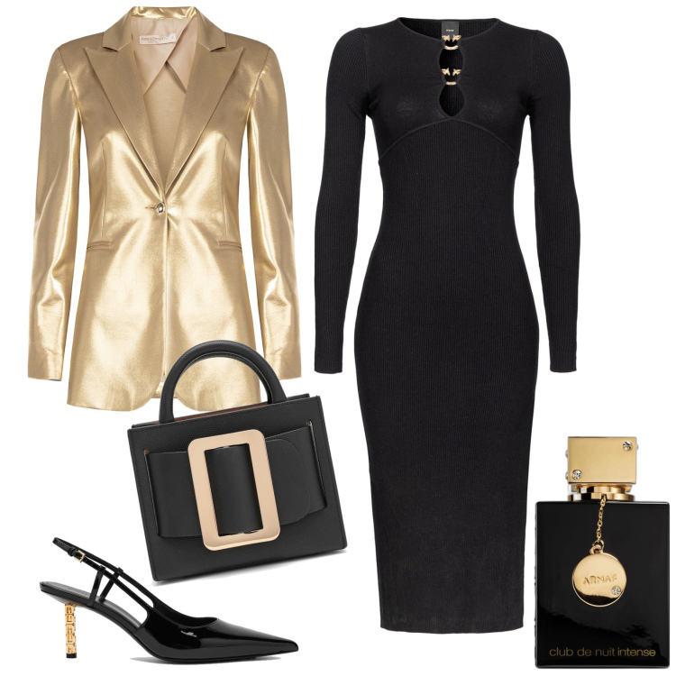 Outfit donna - Per la sera il blazer oro. Stile Chic per Serata fuori. Abbinamento con profumi, vestiti midi/longuette, blazer, décolleté, borse a mano.