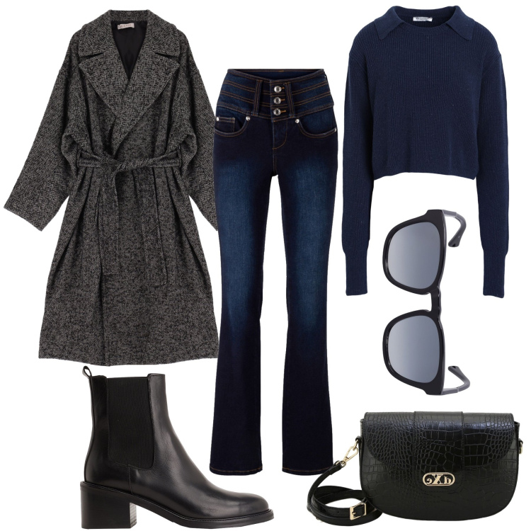 Outfit donna - Semplicità per l’ultimo freddo. Stile Basic per Tutti i giorni. Abbinamento con jeans bootcut, pullovers, stivaletti chelsea, cappotti, pochette, occhiali da sole.