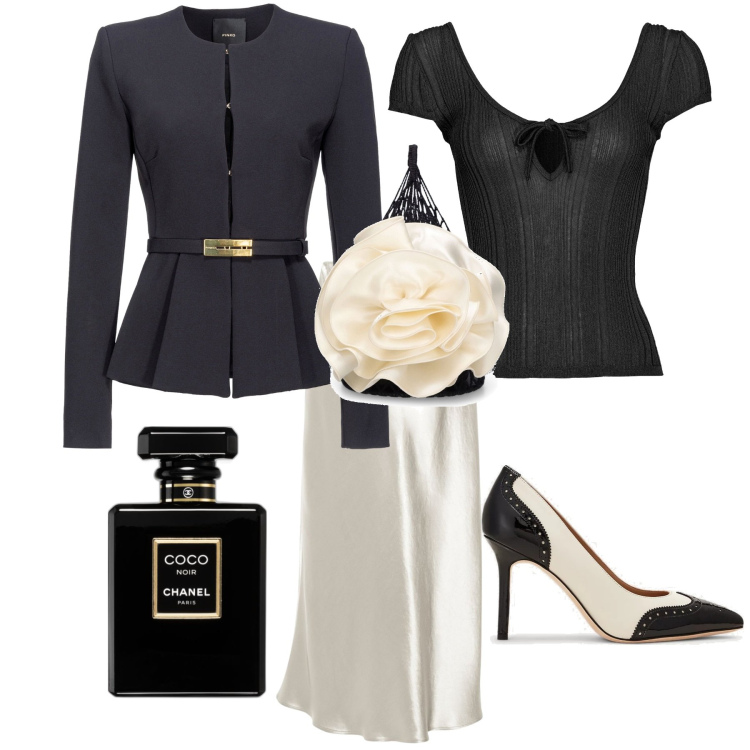 Outfit donna - Serata bon ton. Stile Bon Ton per Serata fuori. Abbinamento con profumi, top, blazer, décolleté, gonne longuette, borse a mano.