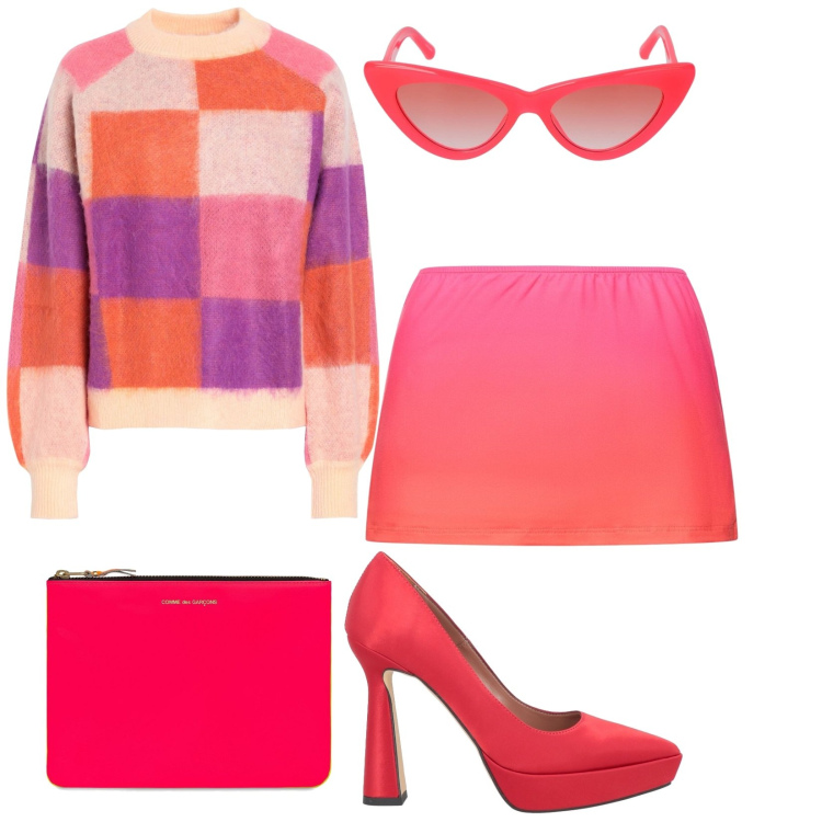 Outfit donna - Fluo/multicolor. Stile Trendy per Tutti i giorni. Abbinamento con décolleté, pullovers, pochette, occhiali da sole, minigonne.