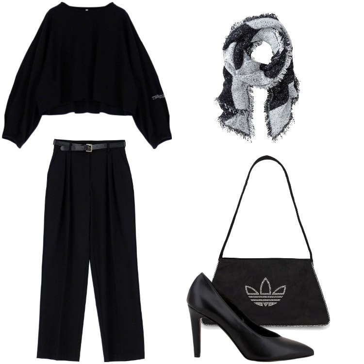 Outfit donna - Total look #1821471. Stile Sporty chic per Tutti i giorni. Abbinamento con sciarpe, felpe, pantaloni a palazzo, décolleté, borse a spalla.