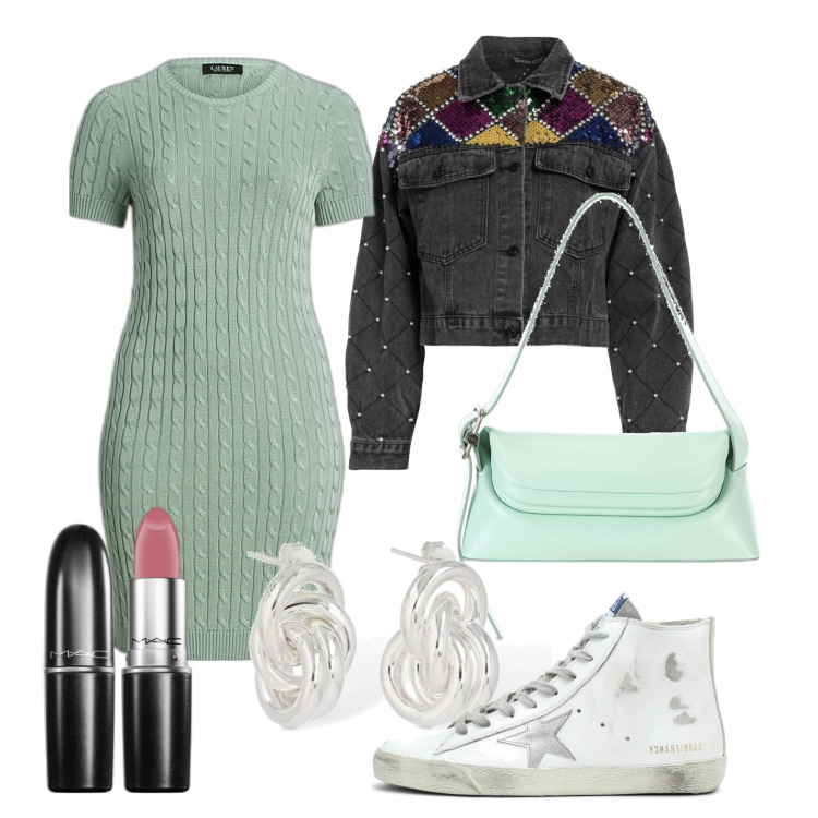 Outfit donna - Ghost outfitter - febbraio. Stile Trendy per Tutti i giorni. Abbinamento con jeans, rossetti, vestiti, sneakers alte, orecchini, borse a spalla.