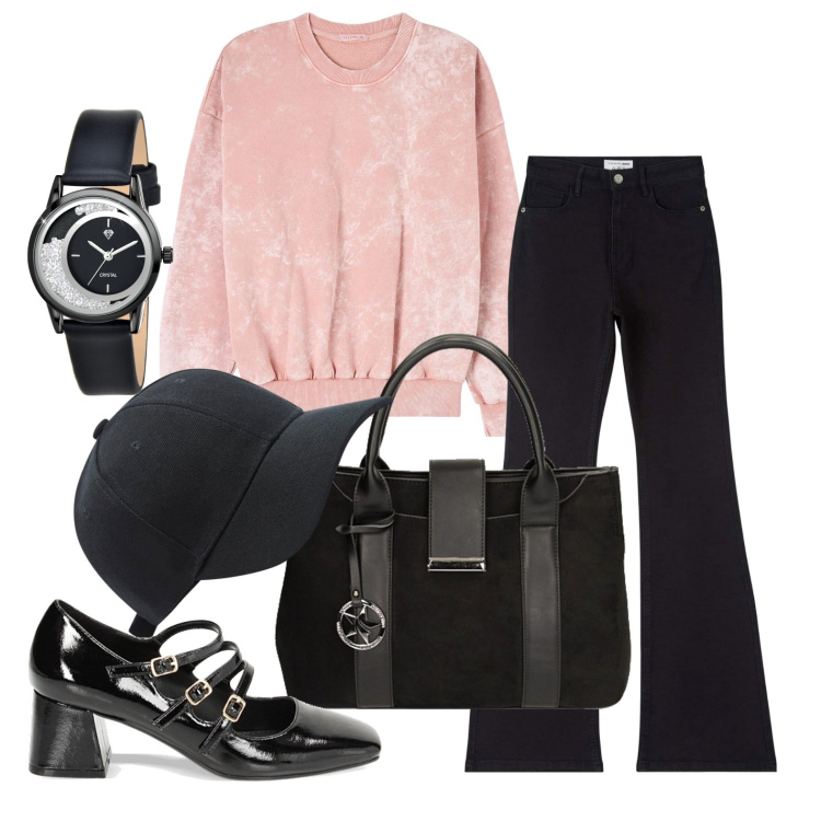 Outfit donna - Ghost outfitter - febbraio. Stile Casual chic per Tutti i giorni. Abbinamento con orologi, felpe, cappelli, jeans a zampa, borse a mano, décolleté.