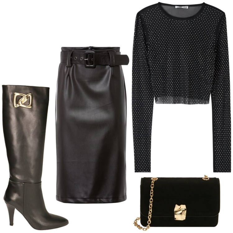 Outfit donna - Total look #1821490. Stile Sexy per Serata fuori. Abbinamento con gonne longuette, t-shirt, stivali sopra il ginocchio, borse a tracolla.