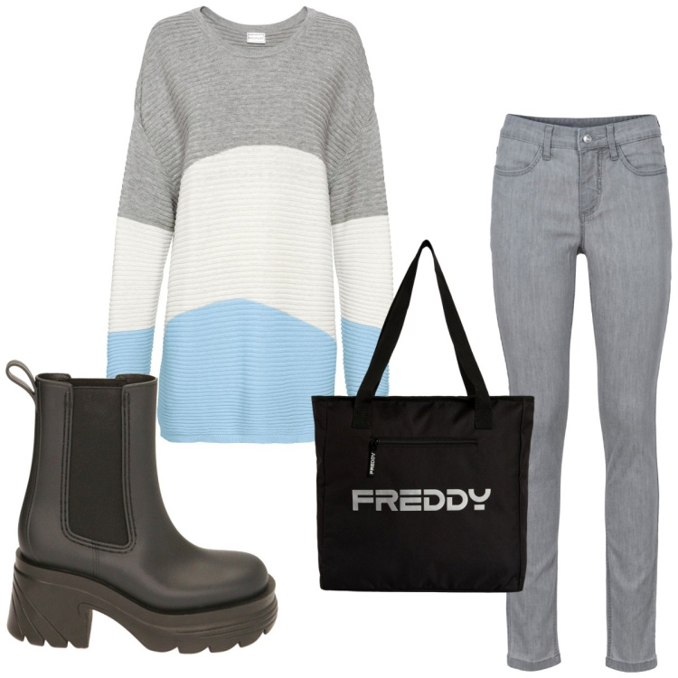 Outfit donna - Total look #1821491. Stile Basic per Tutti i giorni. Abbinamento con jeans skinny, maglieria, shopping bag, stivaletti chelsea.