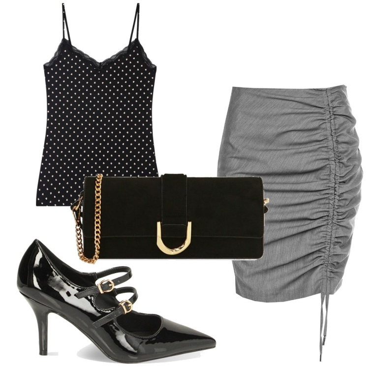 Outfit donna - Total look #1821494. Stile Trendy per Serata fuori. Abbinamento con magliette intime, minigonne, décolleté, pochette.
