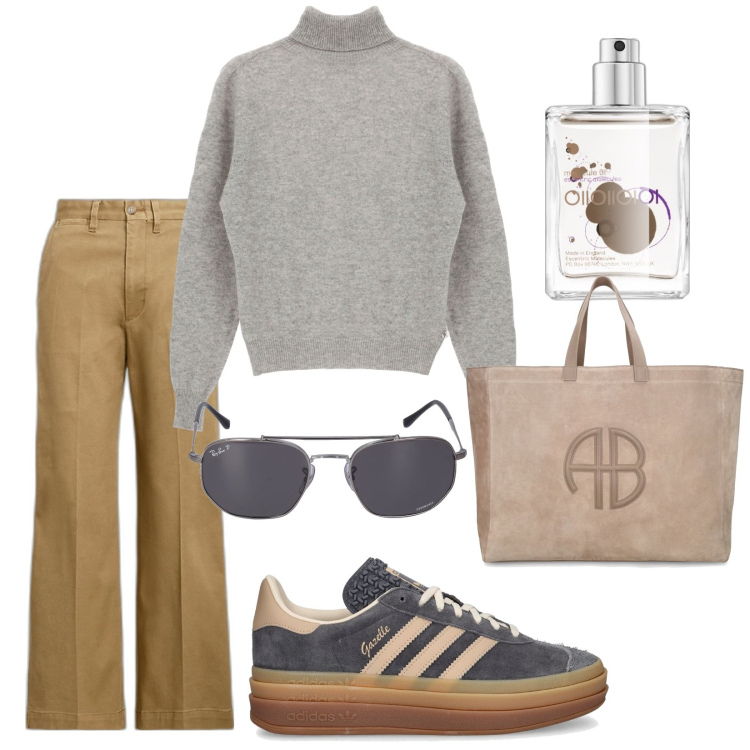 Outfit donna - Total look #1821518. Stile Urban per Tutti i giorni. Abbinamento con profumi, pantaloni chino, maglieria, sneakers, shopping bag, occhiali da sole.