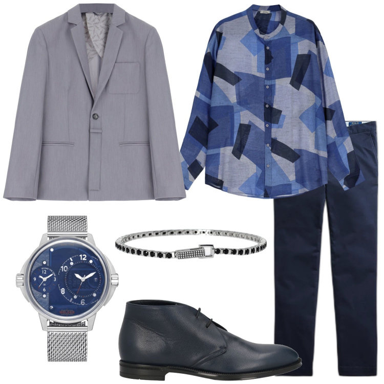 Outfit uomo - Total look #1821523. Stile Trendy per Serata speciale. Abbinamento con orologi, stivali e stivaletti, braccialetti, camicie, giacche, pantaloni.
