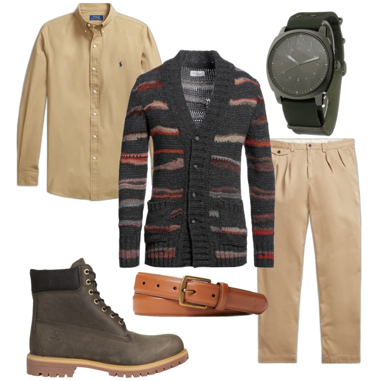 Outfit uomo - Total look #1821524. Stile Trendy per Tutti i giorni. Abbinamento con cardigans, stivali e stivaletti, orologi, camicie, cinture, pantaloni chino.