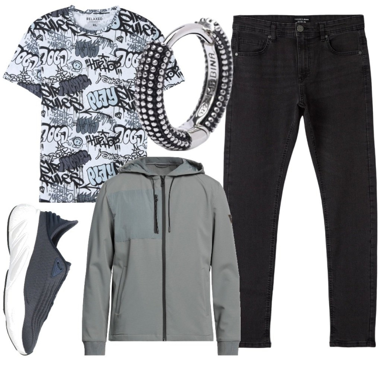 Outfit uomo - Luciano: in grigio. Stile Urban per Tutti i giorni. Abbinamento con cappotti, sneakers, t-shirt, jeans skinny, orecchini.