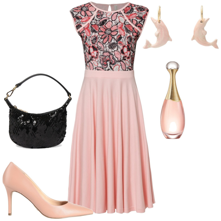 Outfit donna - Luminosi fiorellini. Stile Chic per Cerimonia. Abbinamento con vestiti midi/longuette, décolleté, orecchini, profumi, pochette.