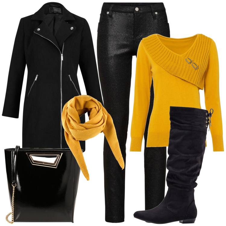 Outfit donna - Giallo a Febbraio. Stile Glamour per Tutti i giorni. Abbinamento con stivali, foulard, maglieria, cappotti, pantaloni, borse a mano.