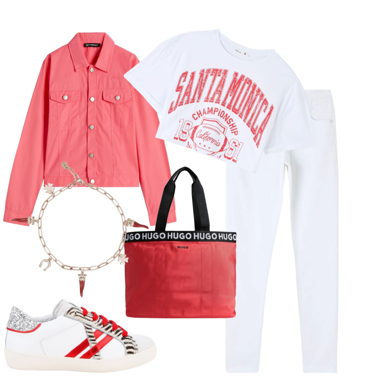 Outfit donna - City. Stile Casual per Tutti i giorni. Abbinamento con borse a mano, t-shirt sportive, pantaloni, braccialetti, sneakers, blazer.