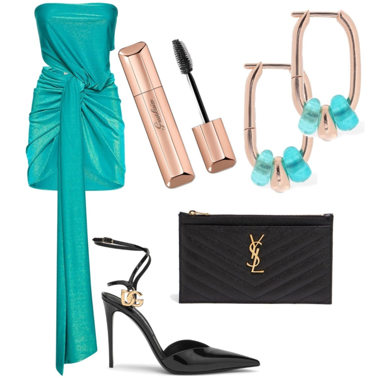 Outfit donna - Lurex verde acqua. Stile Glamour per Serata fuori. Abbinamento con mascara, pochette, vestiti, orecchini, décolleté.