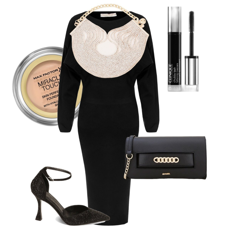 Outfit donna - La collana di strass. Stile Bon Ton per Serata fuori. Abbinamento con fondotinta, mascara, vestiti midi/longuette, pochette, décolleté, collane.