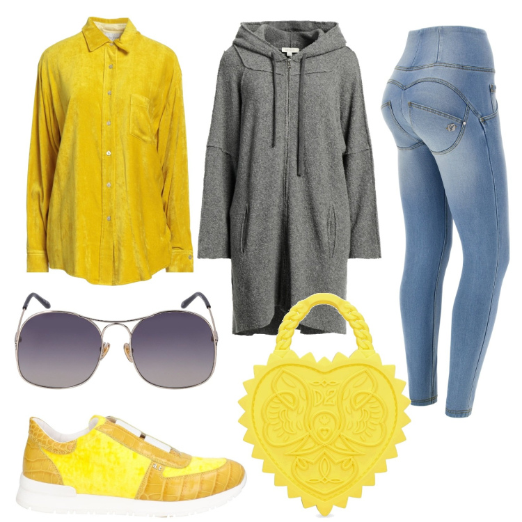 Outfit donna - Giallo a febbraio. Stile Trendy per Serata fuori. Abbinamento con sneakers, camicie, cardigans, jeans strappati, occhiali da sole, borse a mano.