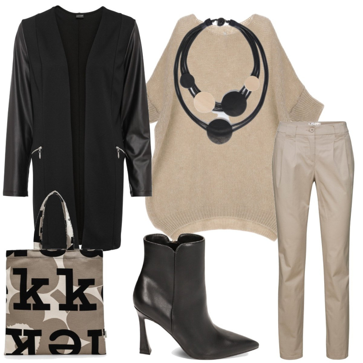 Outfit donna - Total look #1821637. Stile Casual chic per Tutti i giorni. Abbinamento con pantaloni chino, blazer, pullovers, stivaletti, collane, borse tote.