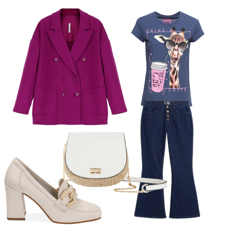 Outfit donna - Blazer e jeans. Stile Casual per Serata fuori. Abbinamento con t-shirt, borse a tracolla, jeans a zampa, blazer, mocassini.