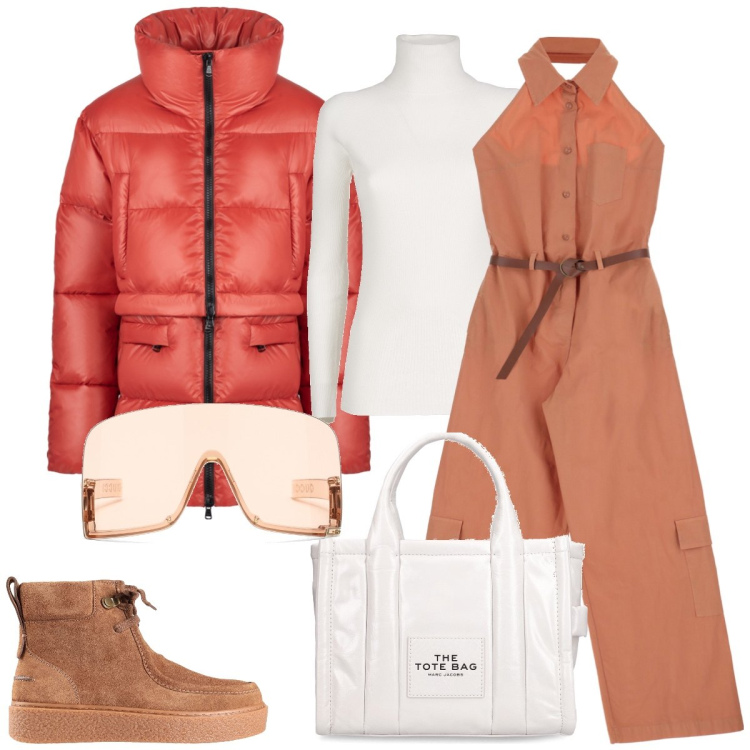 Outfit donna - In montagna. Stile Casual chic per Tutti i giorni. Abbinamento con stivaletti, tute, piumini, occhiali da sole, shopping bag, maglieria.