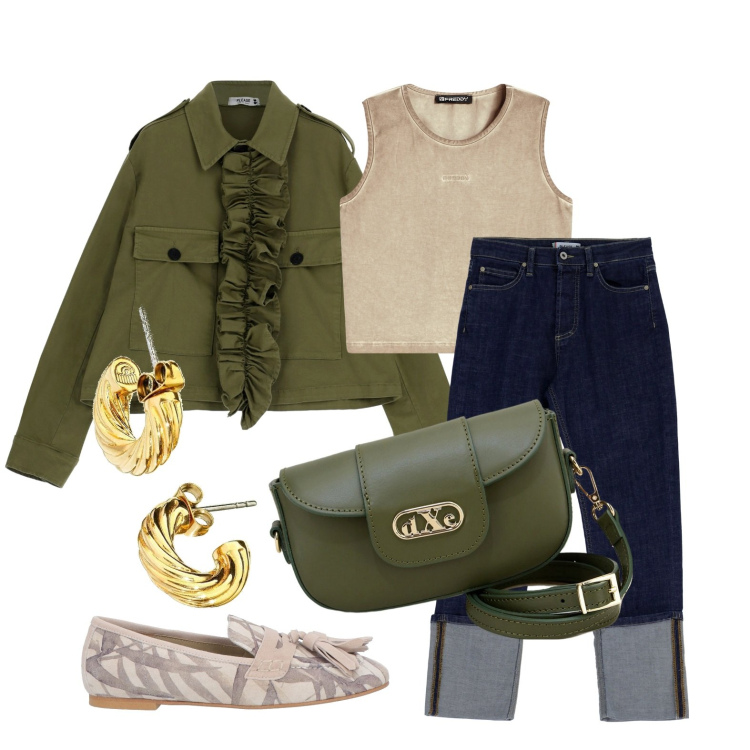 Outfit donna - Ghost outfitter - febbraio. Stile Casual per Tutti i giorni. Abbinamento con mocassini, orecchini, top, blazer, jeans slim fit, pochette.