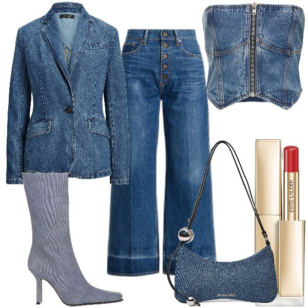 Outfit donna - Total look #1821675. Stile Trendy Abbinamento con stivali, blazer, rossetti, jeans, top, borse a spalla.