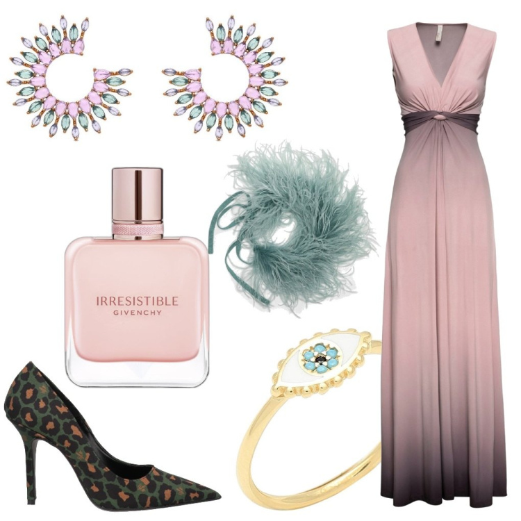 Outfit donna - Ines: irresistibile. Stile Glamour per Cerimonia. Abbinamento con vestiti, décolleté, orecchini, anelli, profumi, sciarpe.