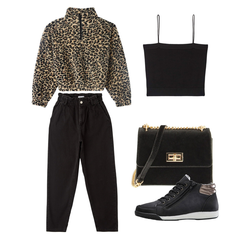 Outfit donna - Terranova - Febbraio. Stile Trendy per Tutti i giorni. Abbinamento con sneakers alte, felpe, jeans, canottiere, borse a tracolla.