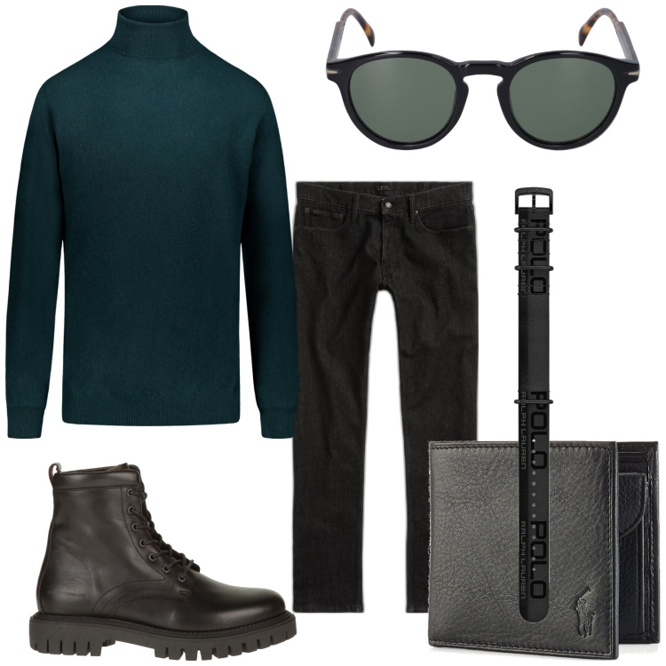 Outfit uomo - Total look #1821718. Stile Trendy per Tutti i giorni. Abbinamento con anfibi, portafogli, jeans, orologi, maglieria, occhiali da sole.