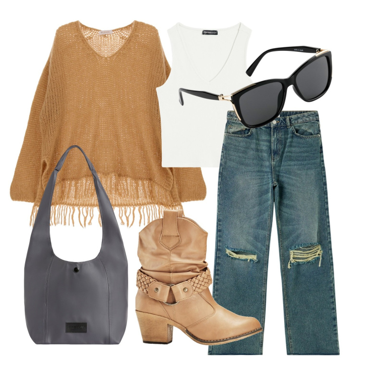 Outfit donna - Ghost outfitter - febbraio. Stile Boho per Tutti i giorni. Abbinamento con occhiali da sole, stivaletti texani, jeans strappati, maglieria, borse a spalla, top.